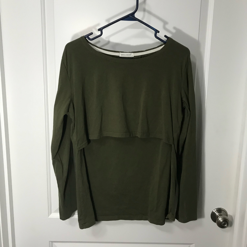 Small Show Long Sleeve Dark Green Cotton/Spandex Top Blouse XL